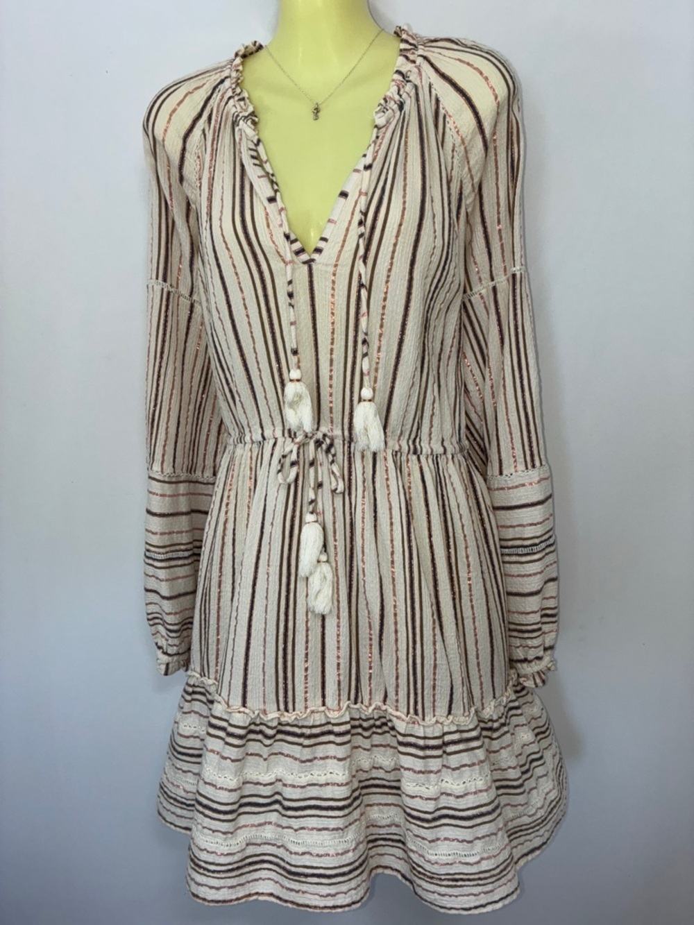 Veronica Beard "Danica"Dress  Beige/Gold Lurex Ruffles/Tassels Mini Nwot XL